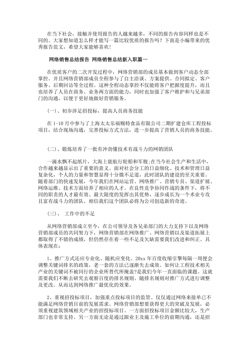 20xx年網絡銷售總結報告網絡銷售總結新入職(十七篇)